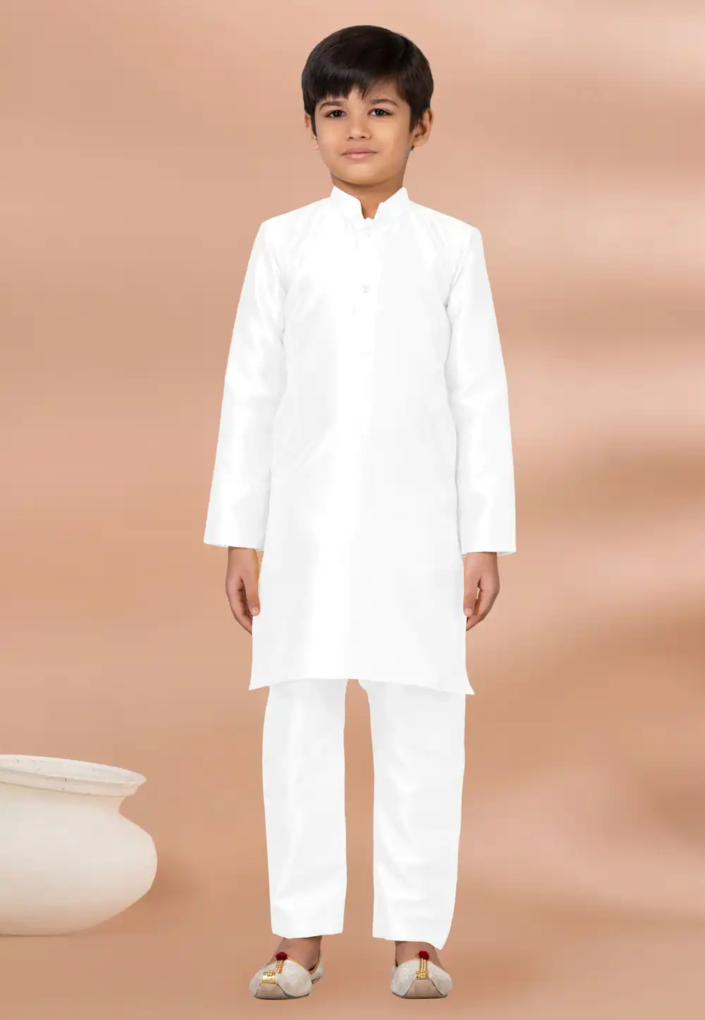 White Banarasi Kids Kurta Pajama 288685