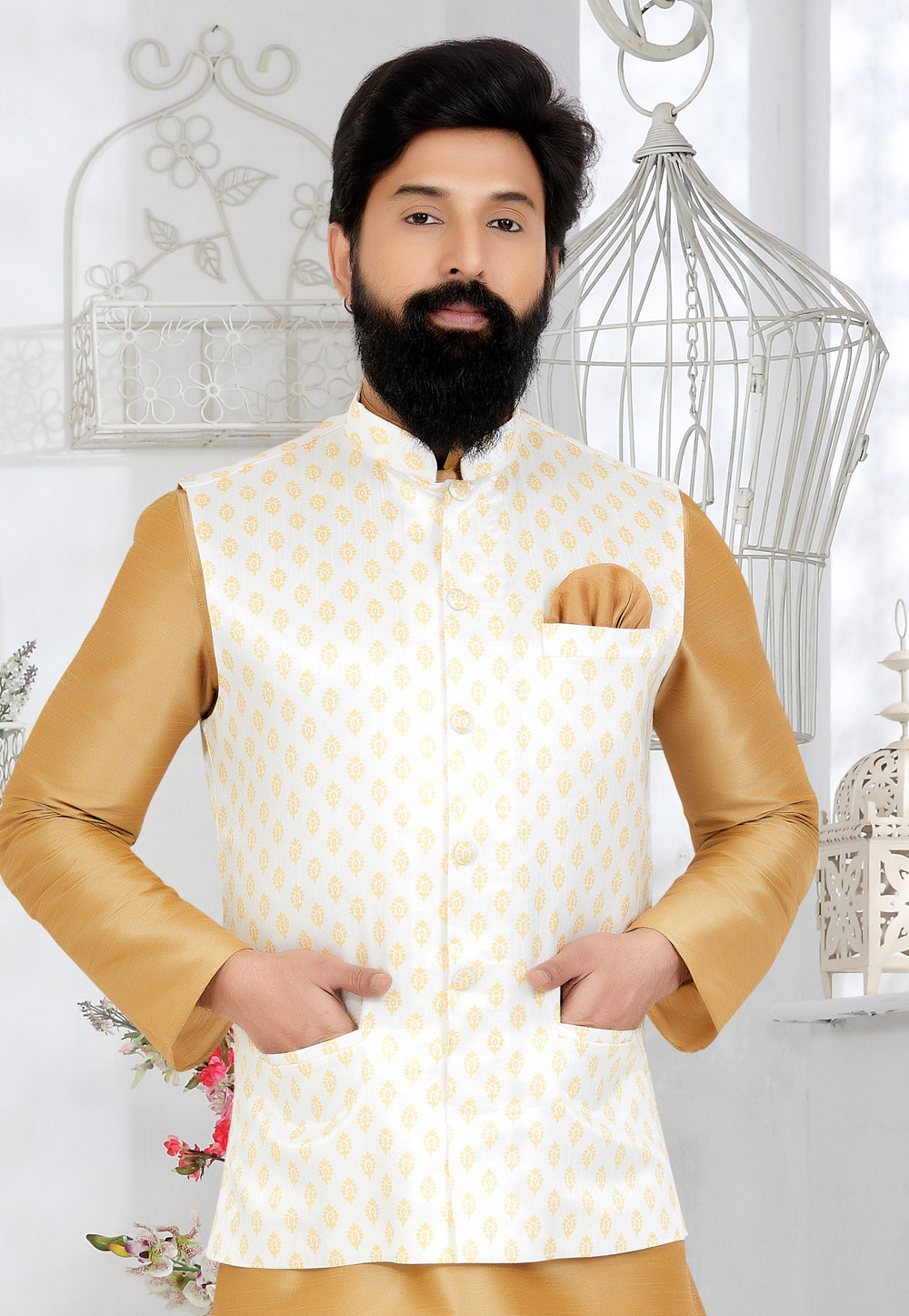 White Banarasi Nehru Jacket 286755