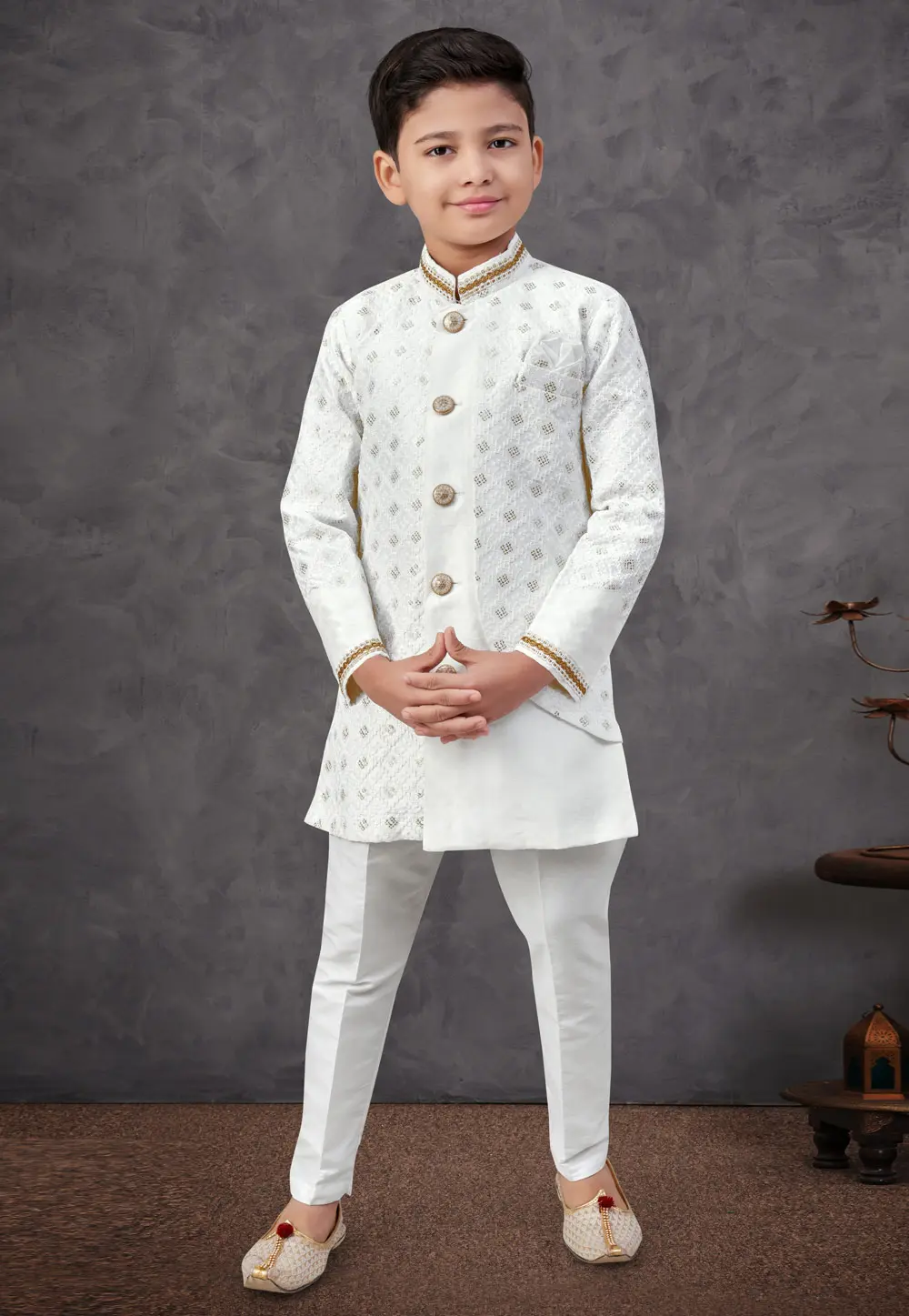 White Banarasi Silk Kids Indo Western Sherwani 301334