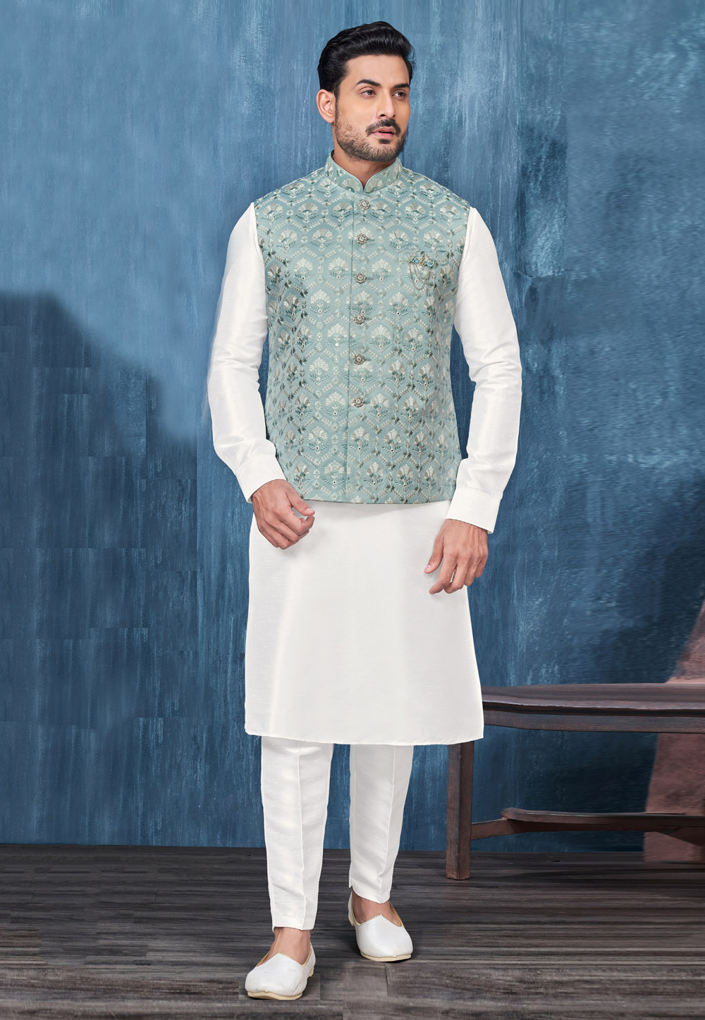 White Banarasi Silk Kurta Pajama With Jacket 278260