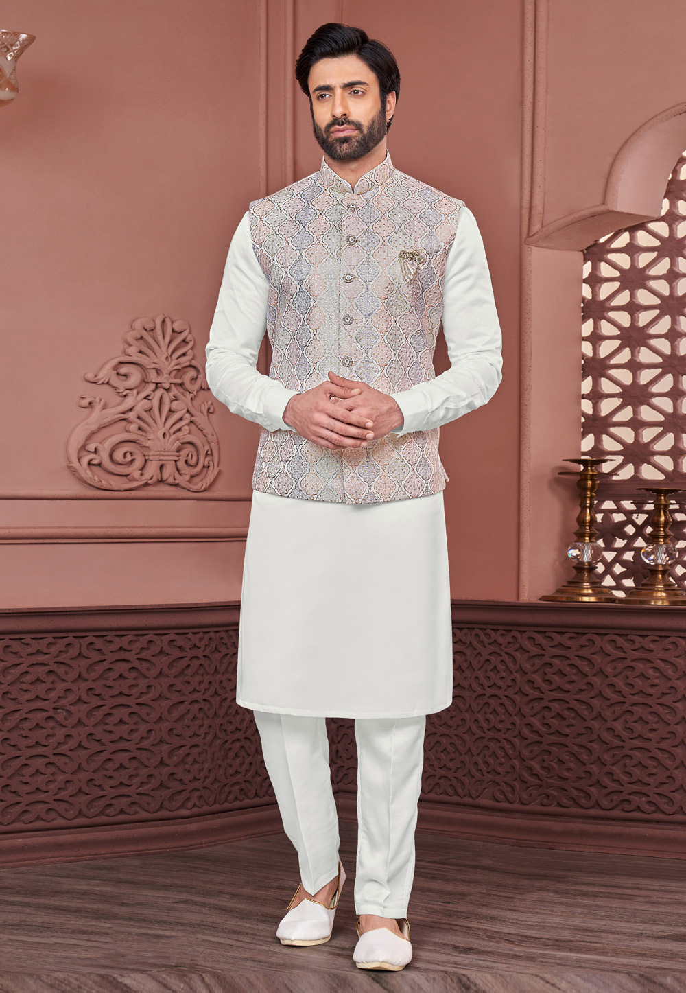 White Banarasi Silk Kurta Pajama With Jacket 278262