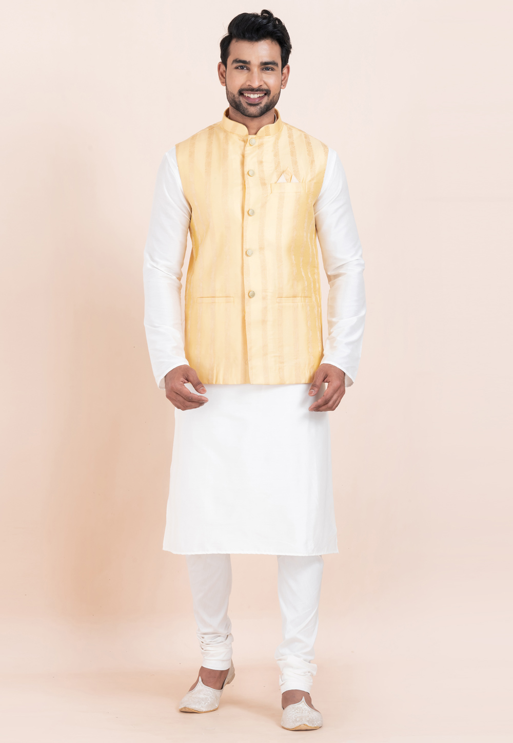 White Banarasi Silk Kurta Pajama With Jacket 304820