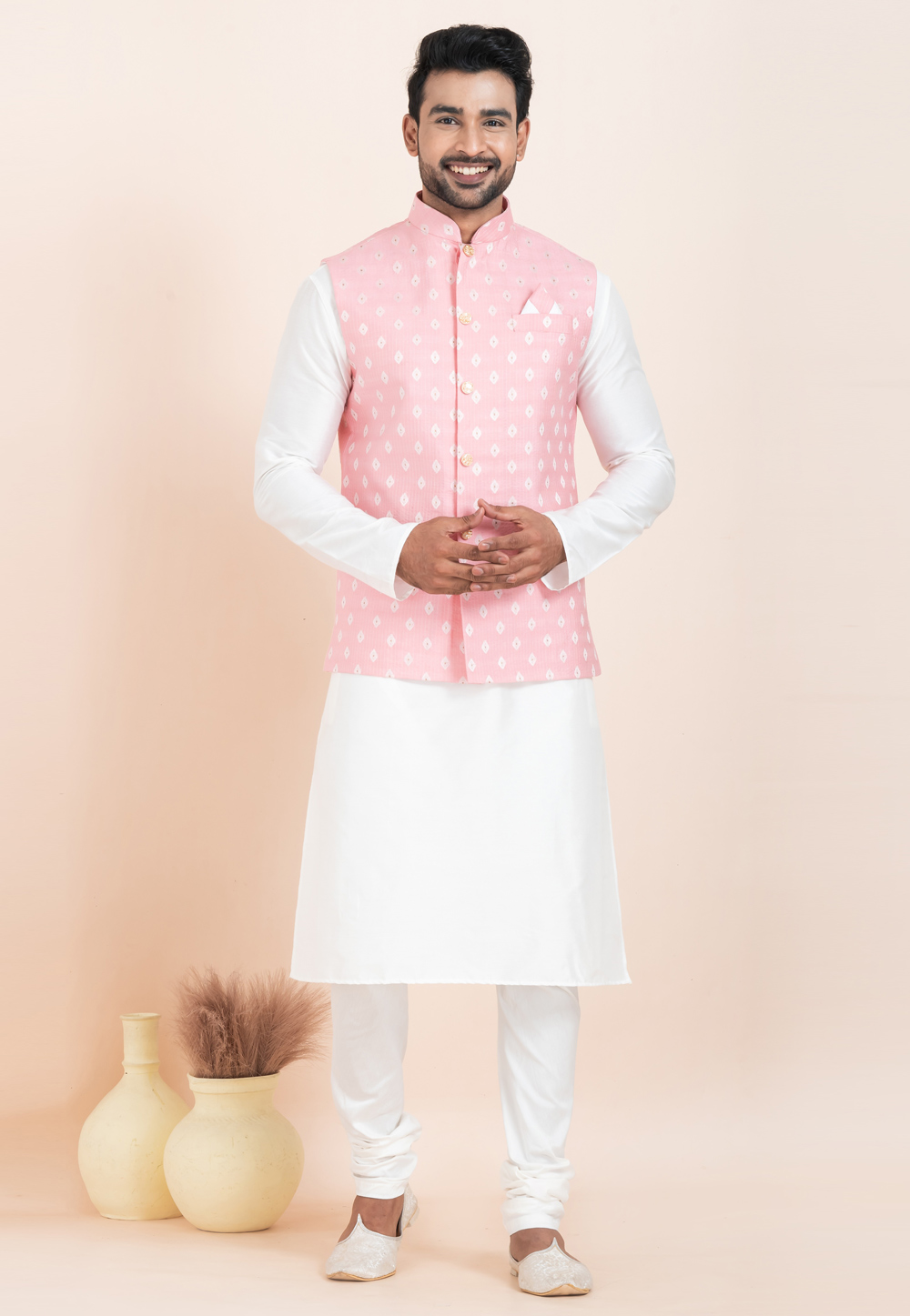 White Banarasi Silk Kurta Pajama With Jacket 304830