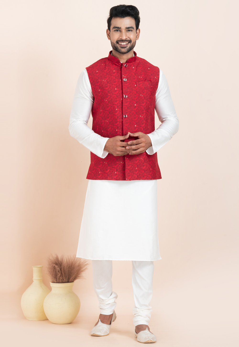 White Banarasi Silk Kurta Pajama With Jacket 304832