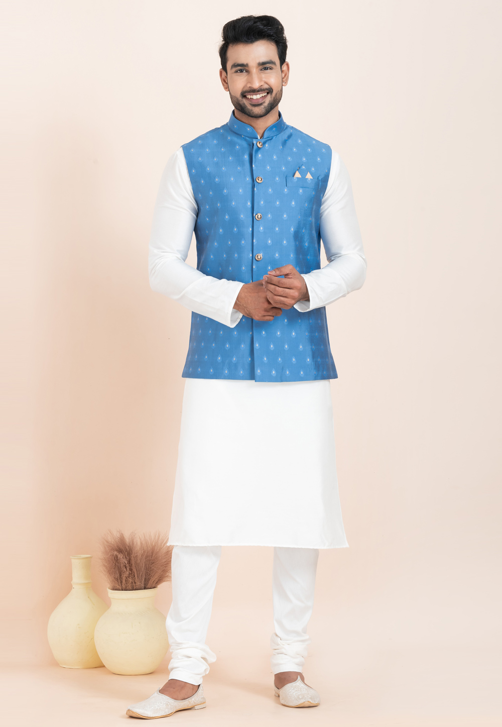 White Banarasi Silk Kurta Pajama With Jacket 304833