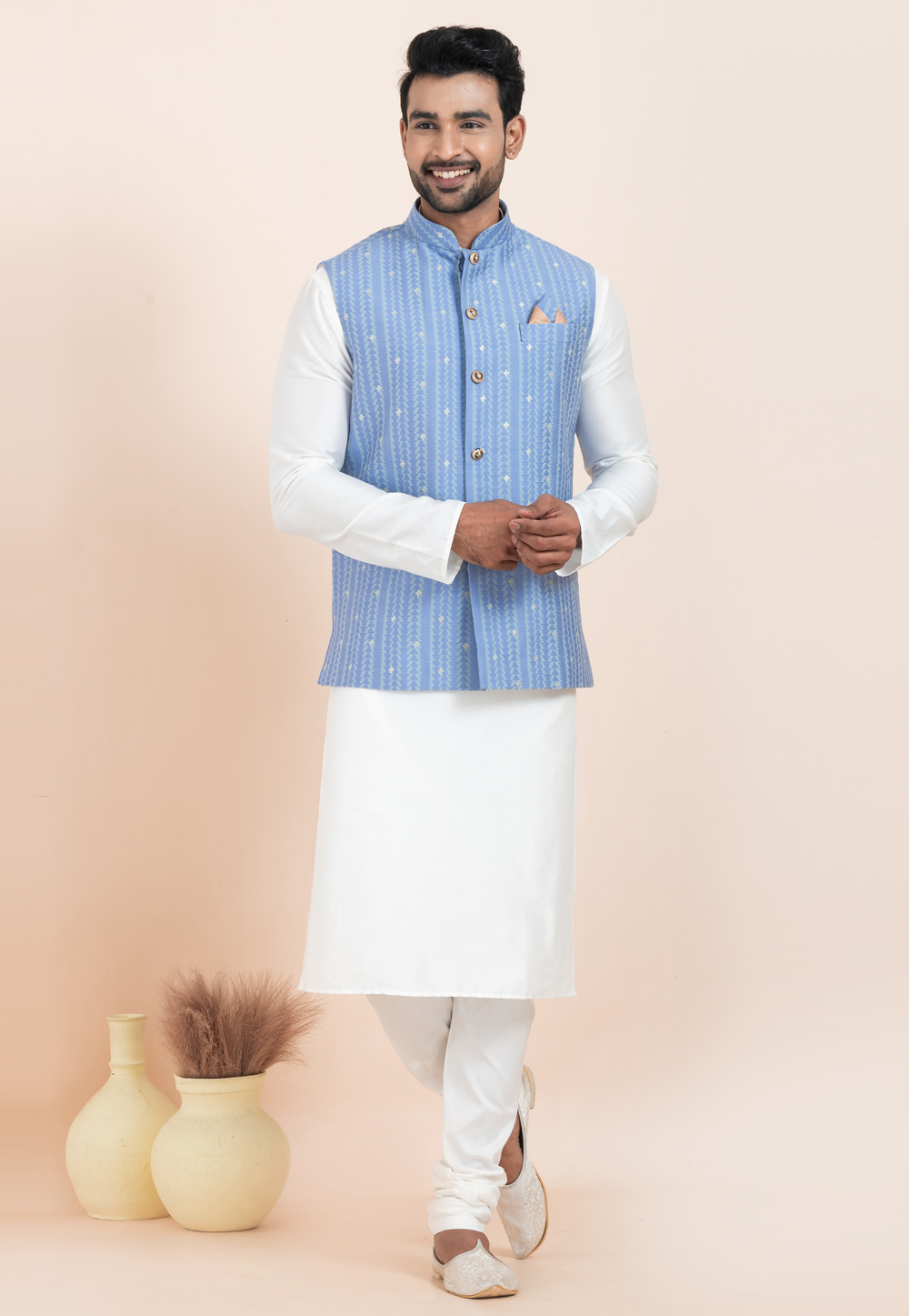 White Banarasi Silk Kurta Pajama With Jacket 304834