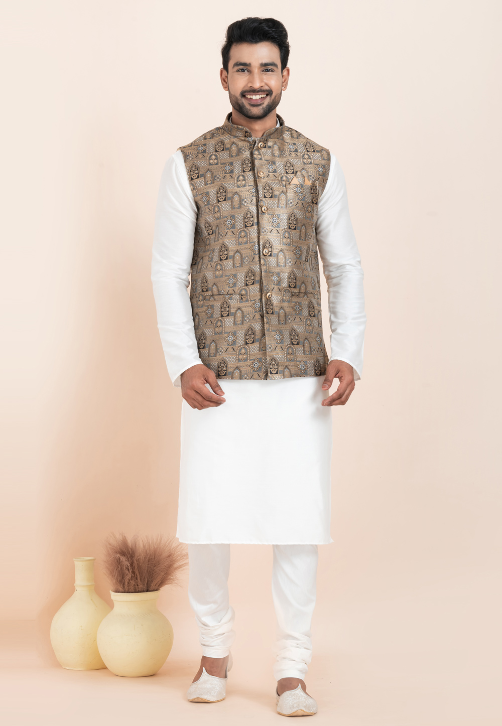 White Banarasi Silk Kurta Pajama With Jacket 304835