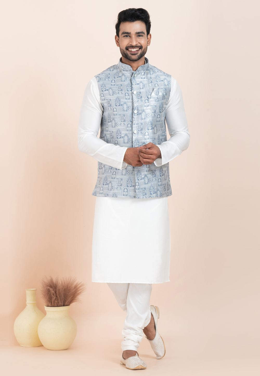 White Banarasi Silk Kurta Pajama With Jacket 304836