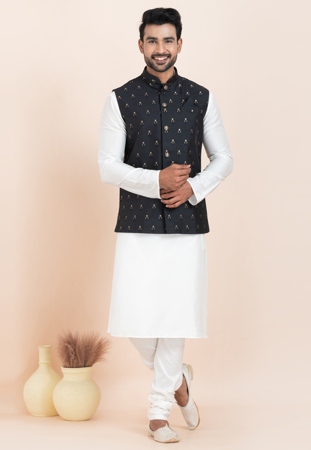 White Banarasi Silk Kurta Pajama With Jacket 304837