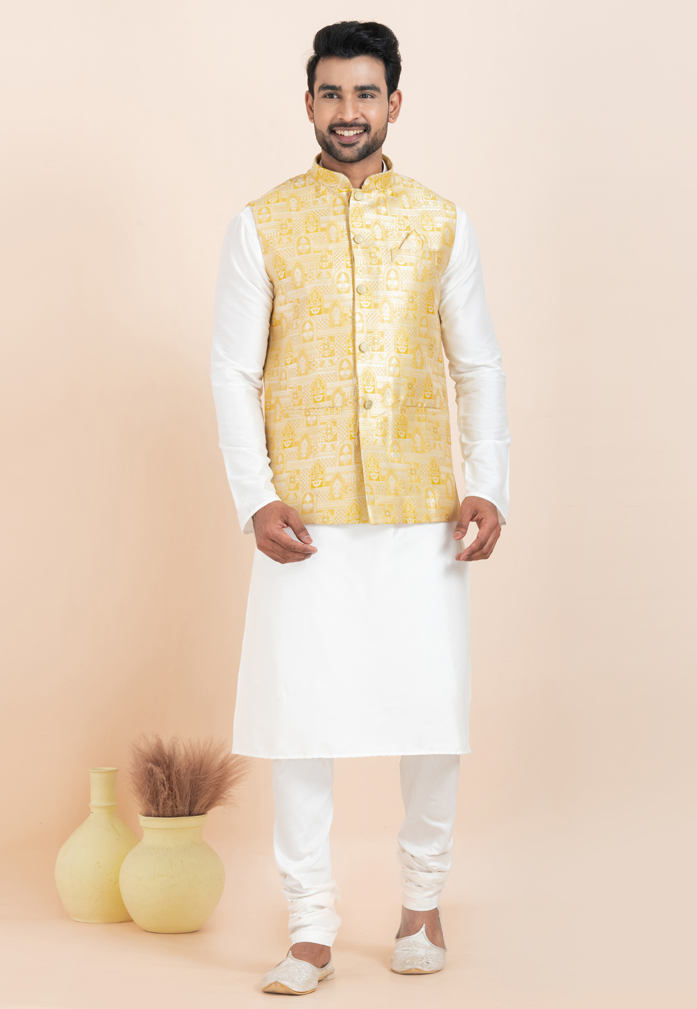 White Banarasi Silk Kurta Pajama With Jacket 304856