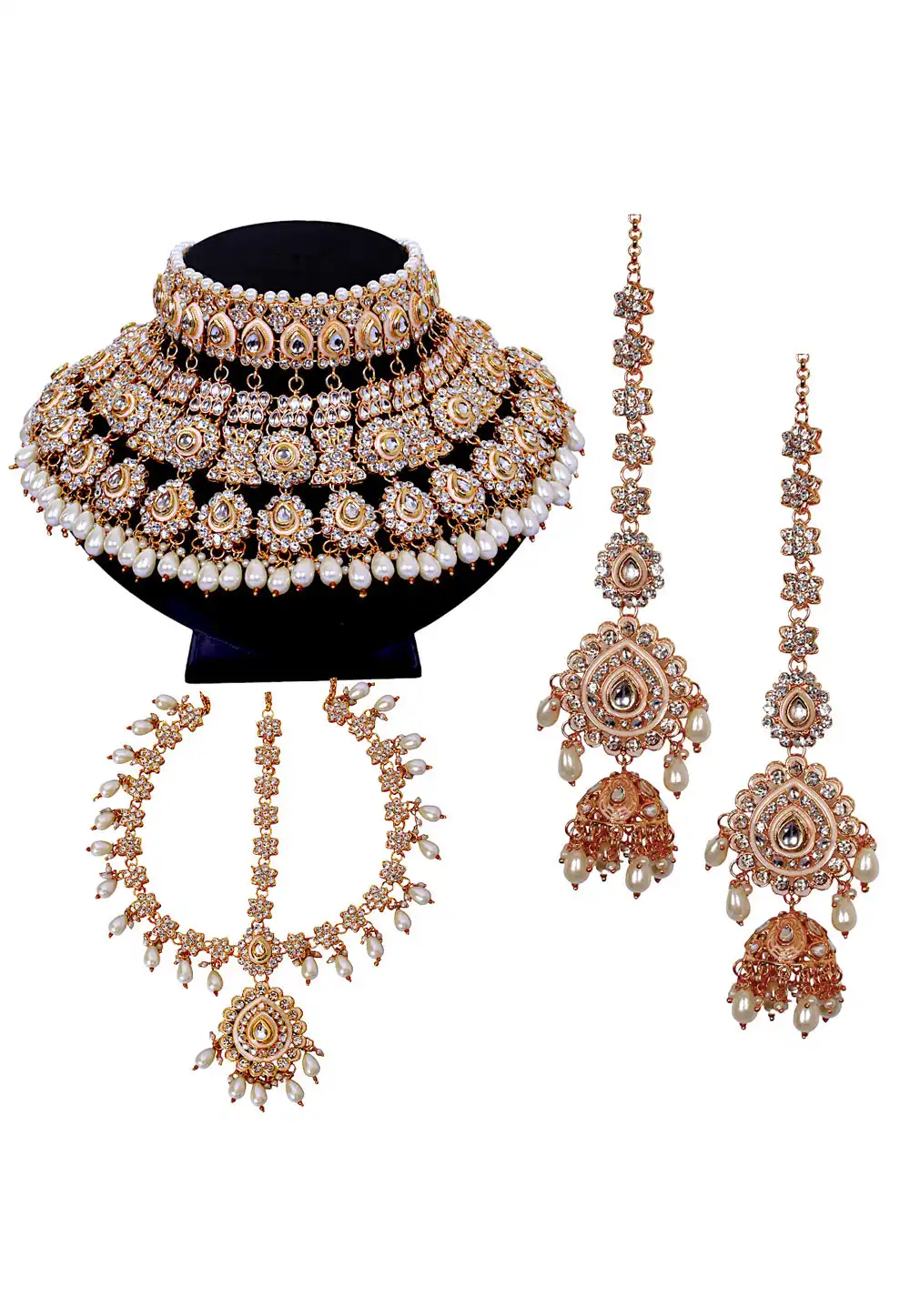 White Brass Austrian Diamonds and Kundan Necklace Set With Earrings and Maang Tikka 292927