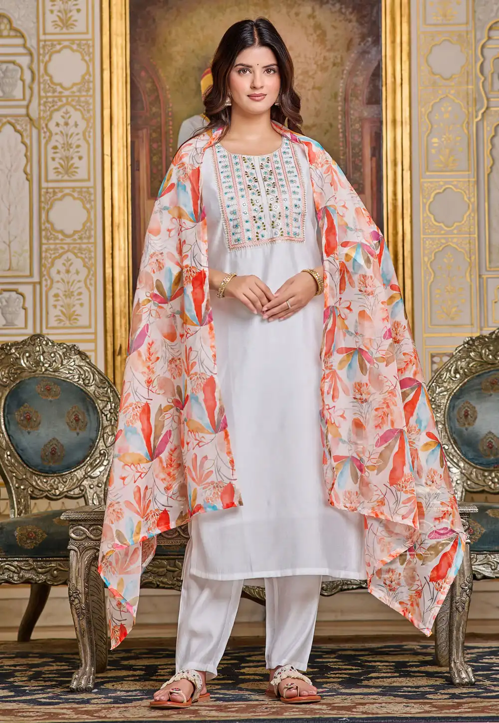 White Chanderi Readymade Pant Style Suit 289860