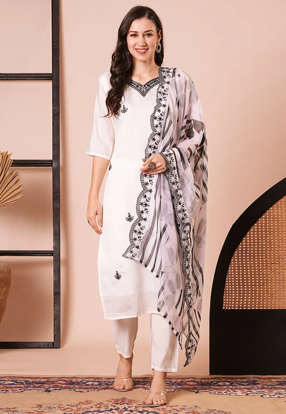 White Chanderi Readymade Pant Style Suit 300092