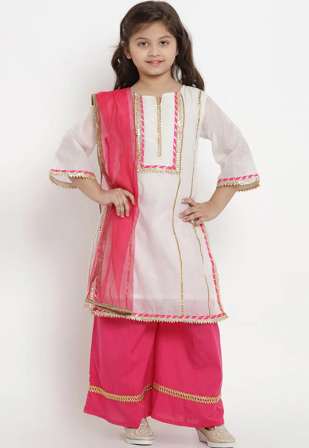 White Chanderi Silk Kids Palazzo Suit 302086