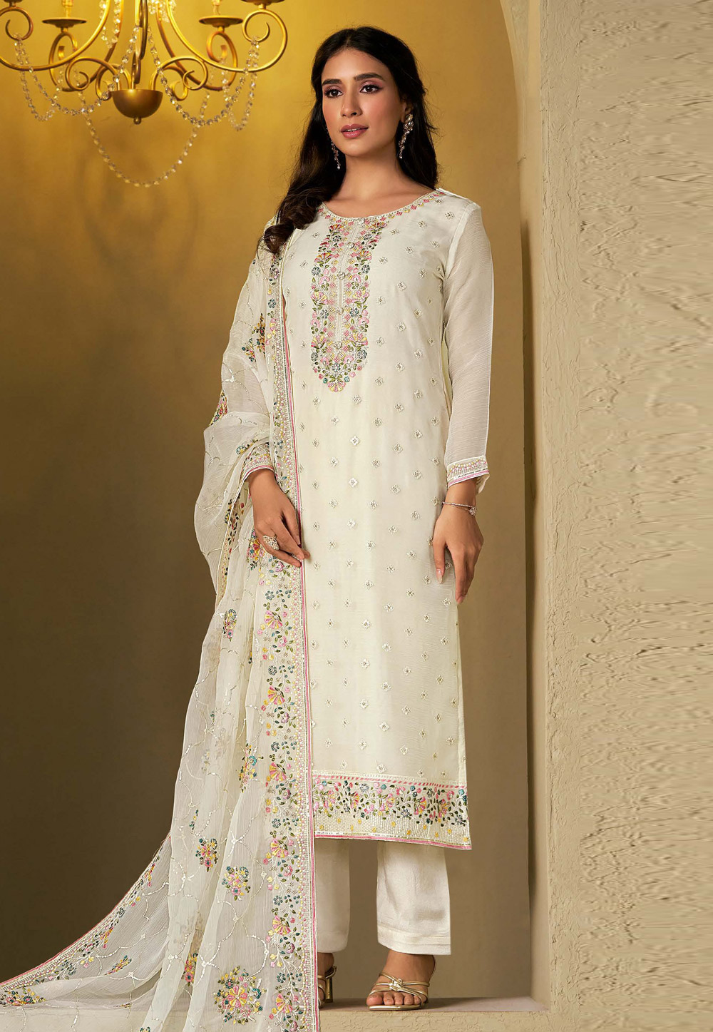 White Chiffon Straight Suit 310935