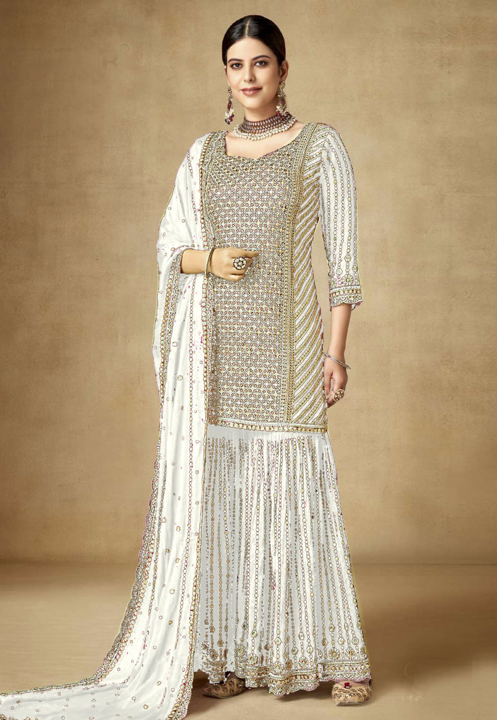 White Chinon Embroidered Gharara Suit 283067