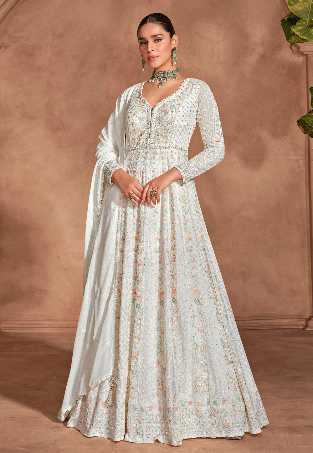 White Chinon Embroidered Long Anarkali Suit 305730