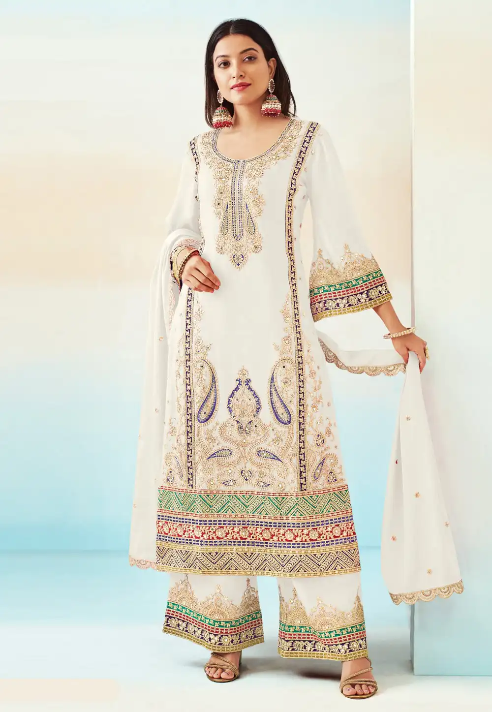 White Chinon Embroidered Palazzo Suit 290802