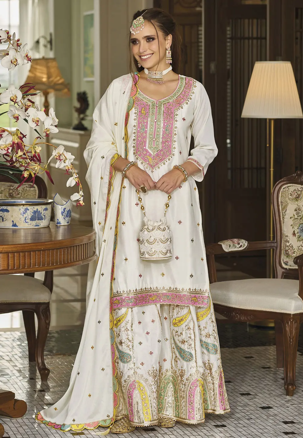 White Chinon Palazzo Suit 302345