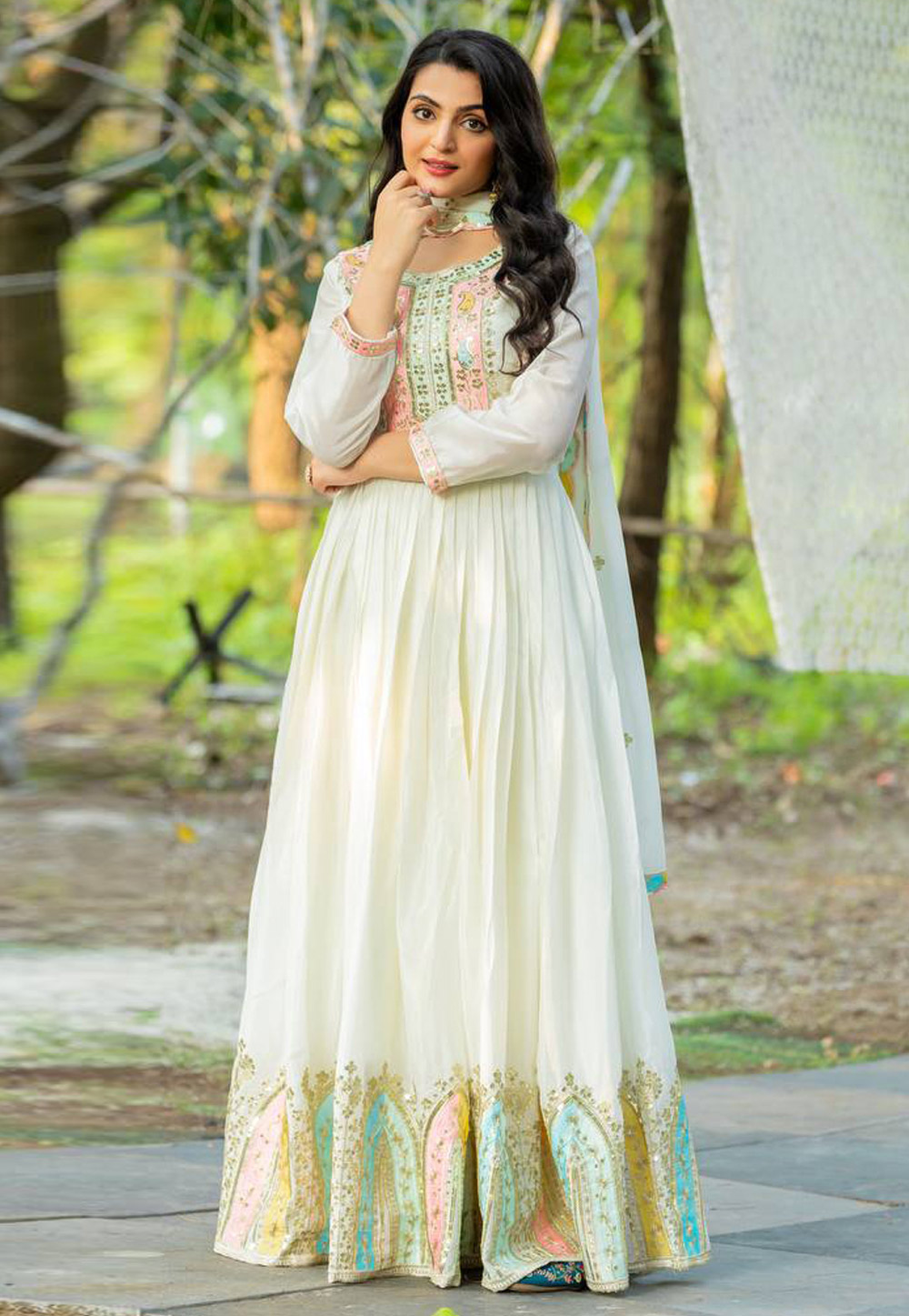White Chinon Silk Readymade Anarkali Suit 309342