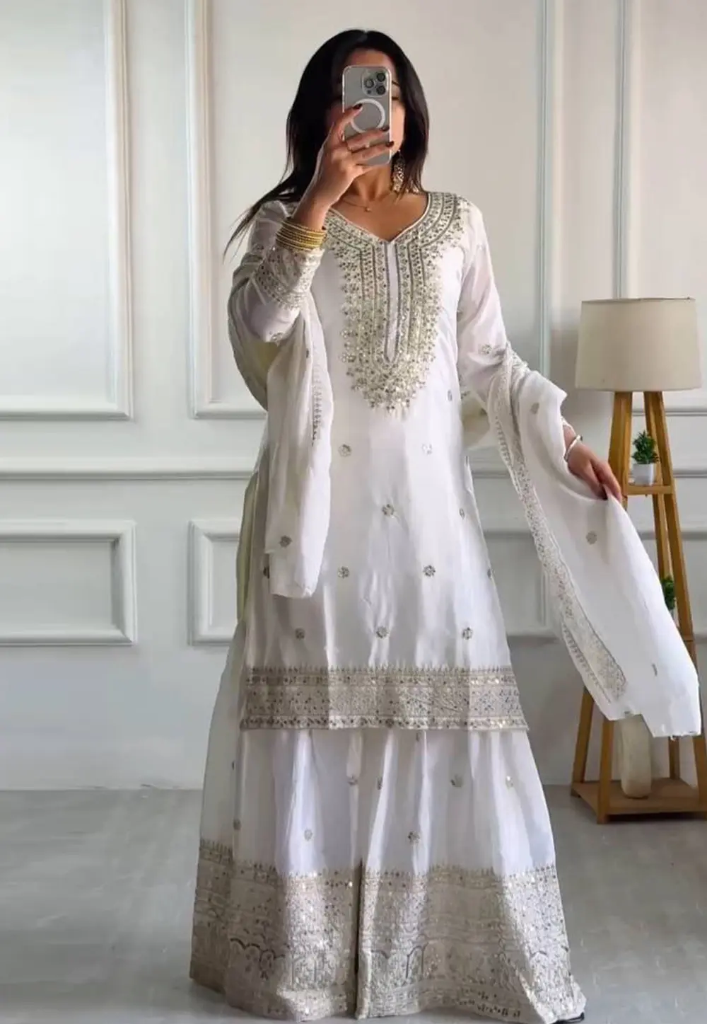 White Chinon Silk Readymade Pakistani Suit 304640