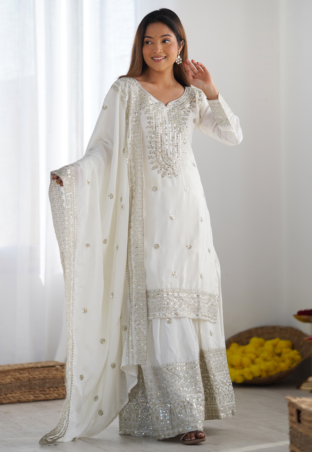 White Chinon Silk Readymade Sharara Suit 305831