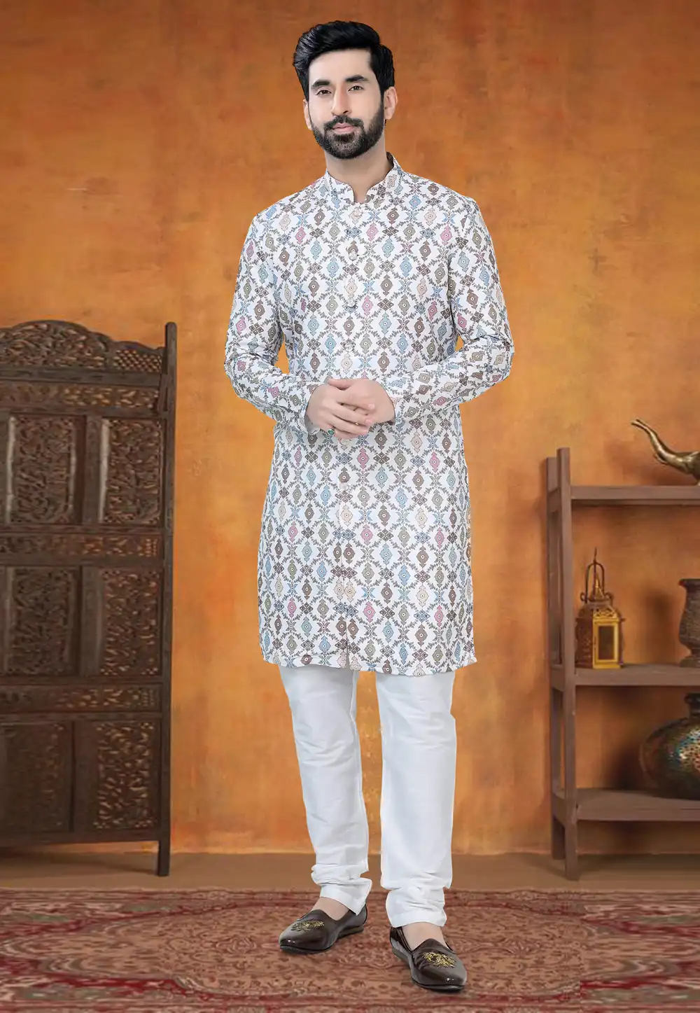 White Cotton Indo Western Suit 295002