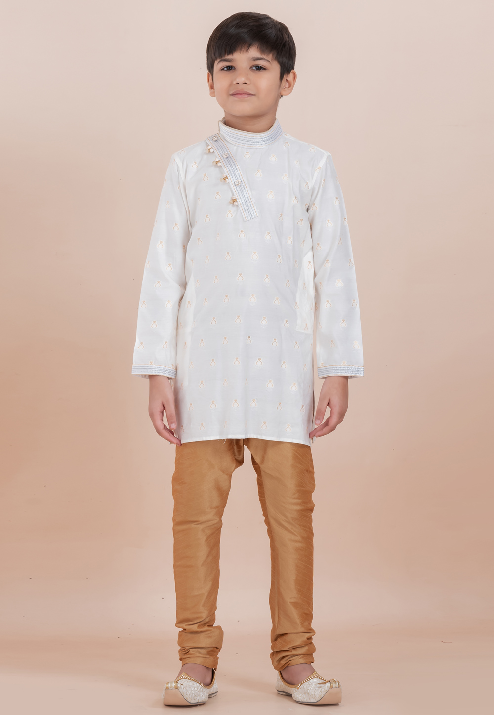 White Cotton Jacquard Kids Kurta Pajama 305978