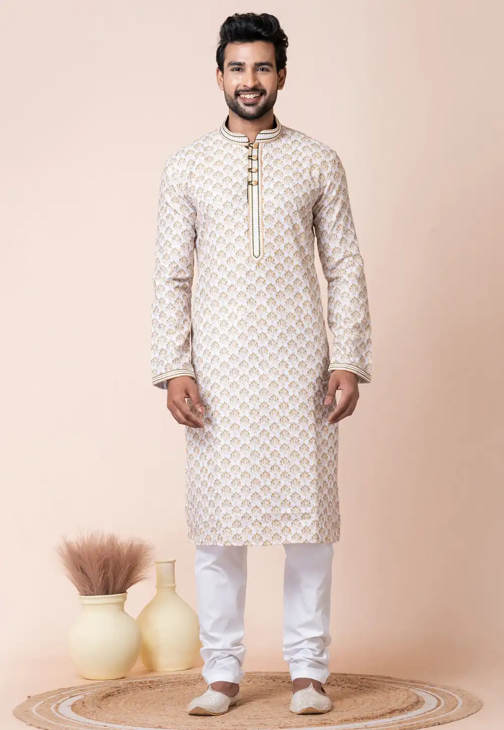 White Cotton Kurta Pajama 294315