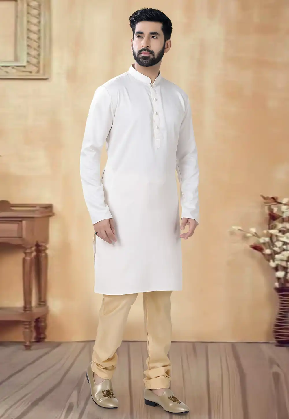 White Cotton Kurta Pajama 292373