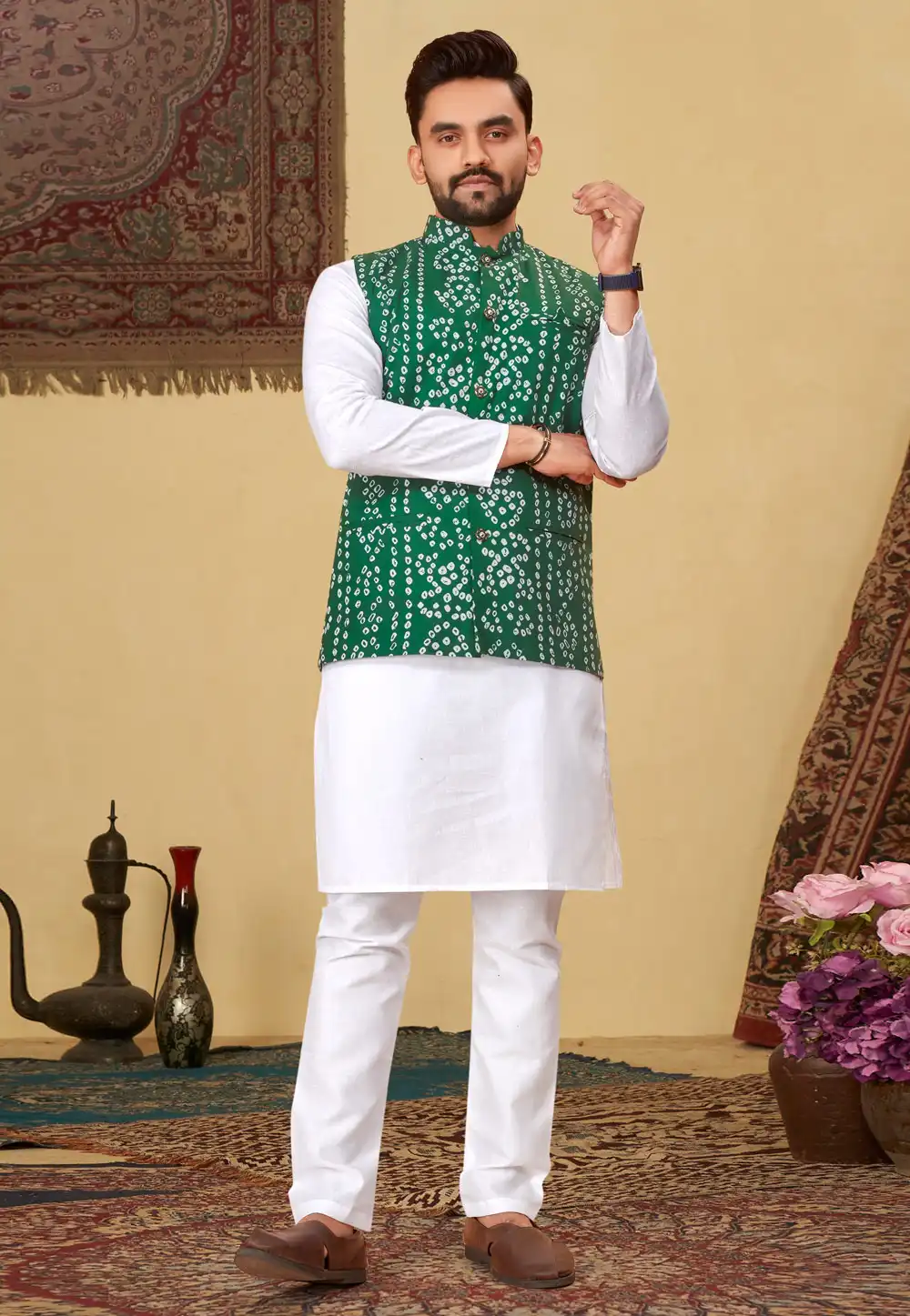 White Cotton Kurta Pajama With Jacket 288648