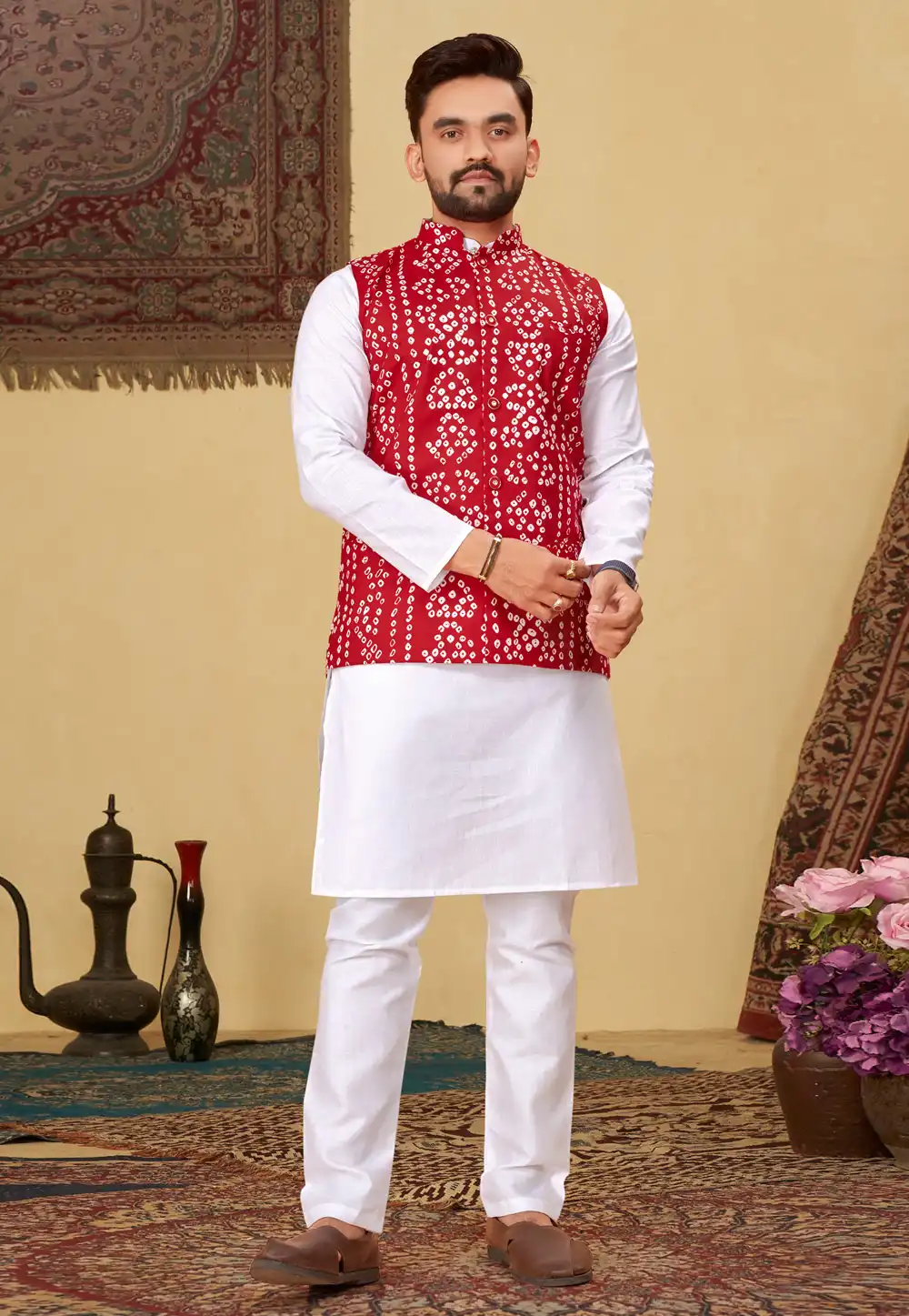 White Cotton Kurta Pajama With Jacket 288650