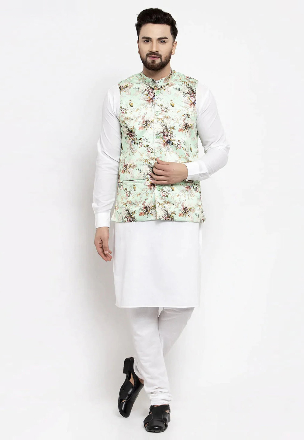 White Cotton Kurta Pajama With Jacket 281702