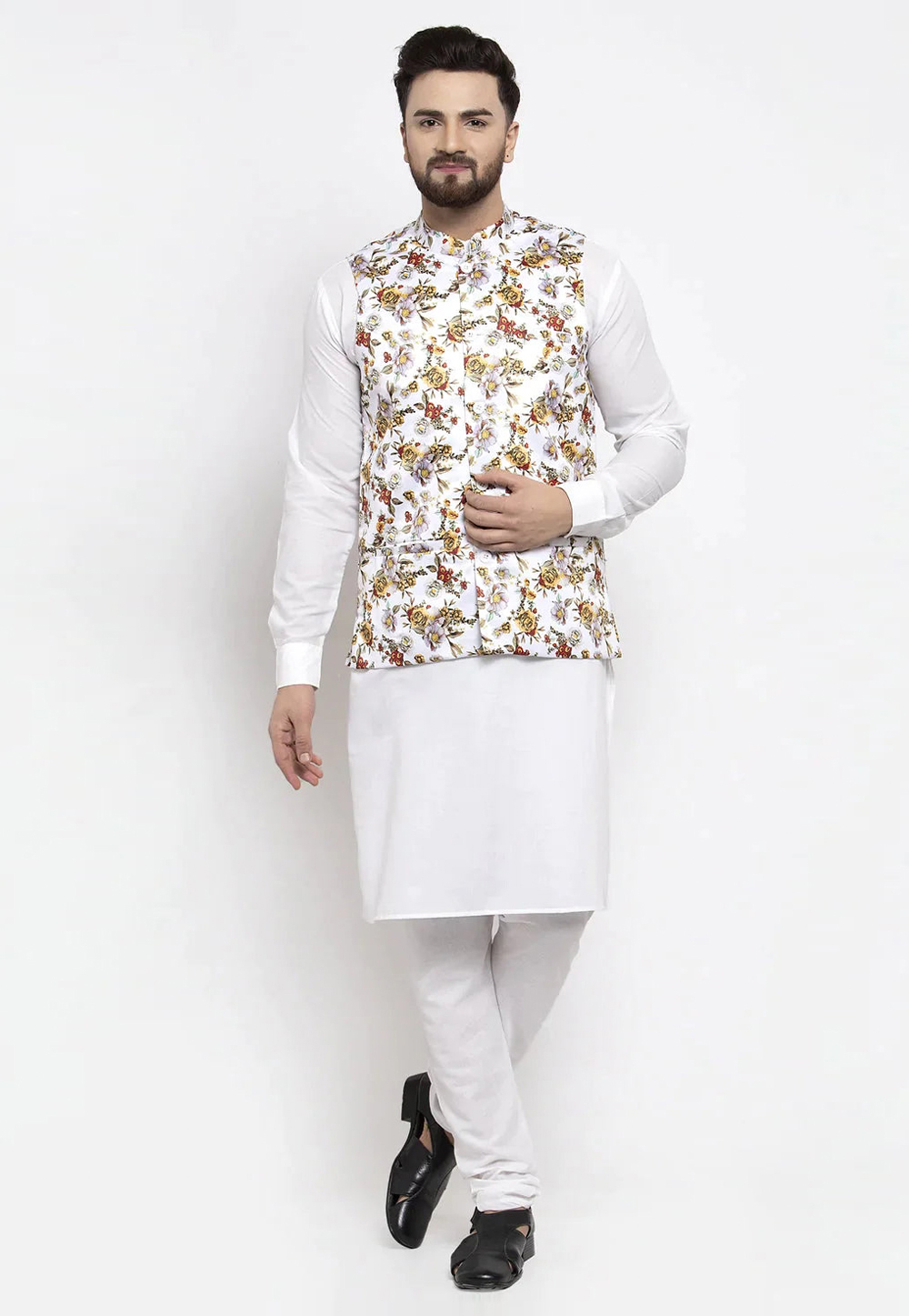 White Cotton Kurta Pajama With Jacket 281703