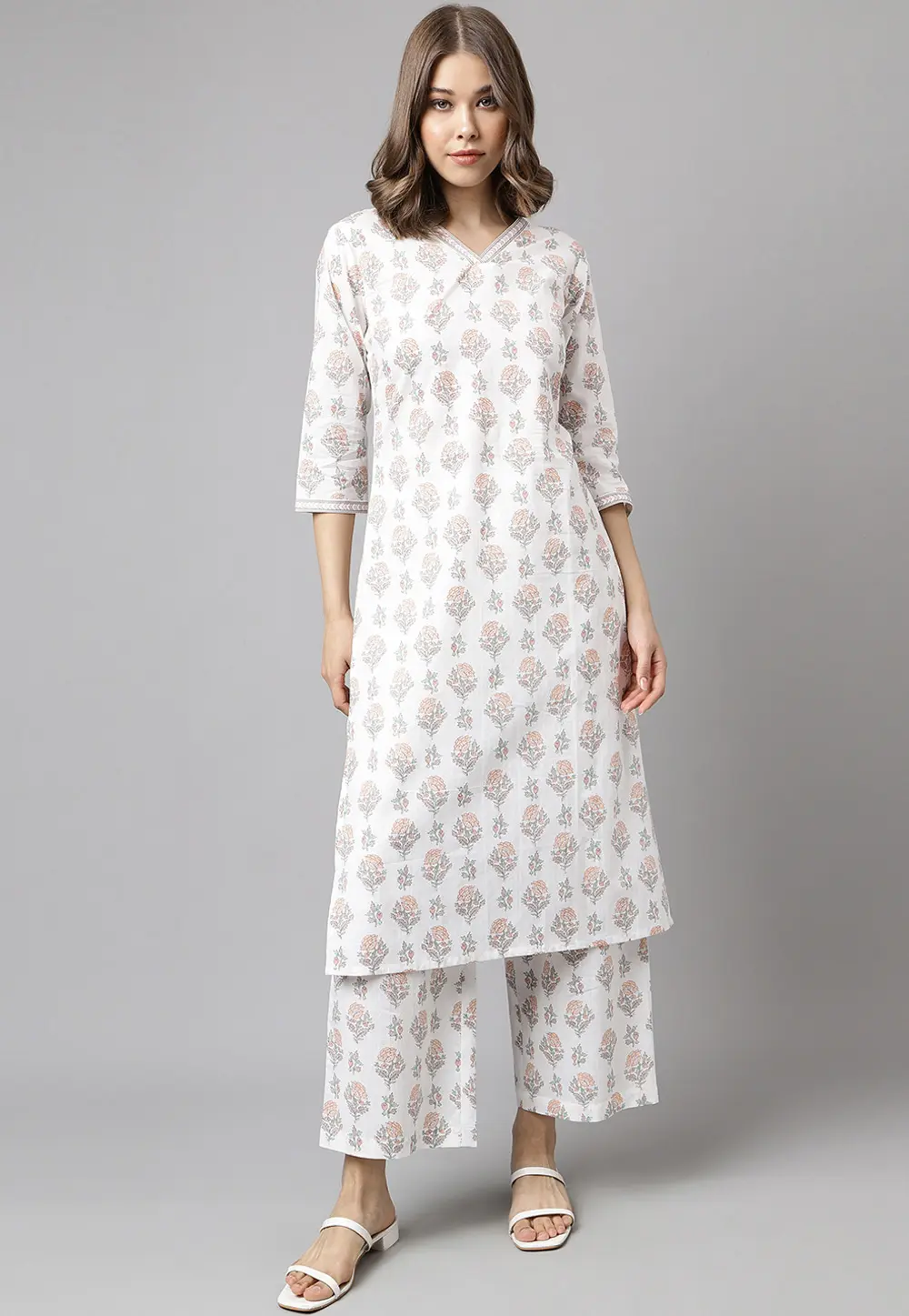 White Cotton Kurta Set With Palazzo 301646