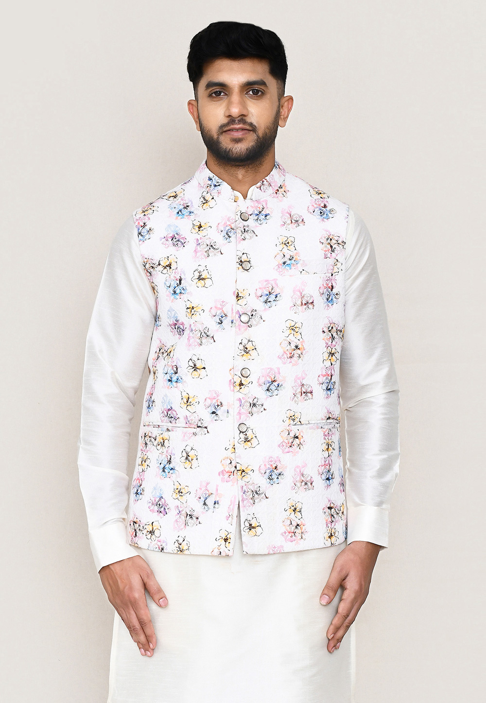 White Cotton Nehru Jacket 306056