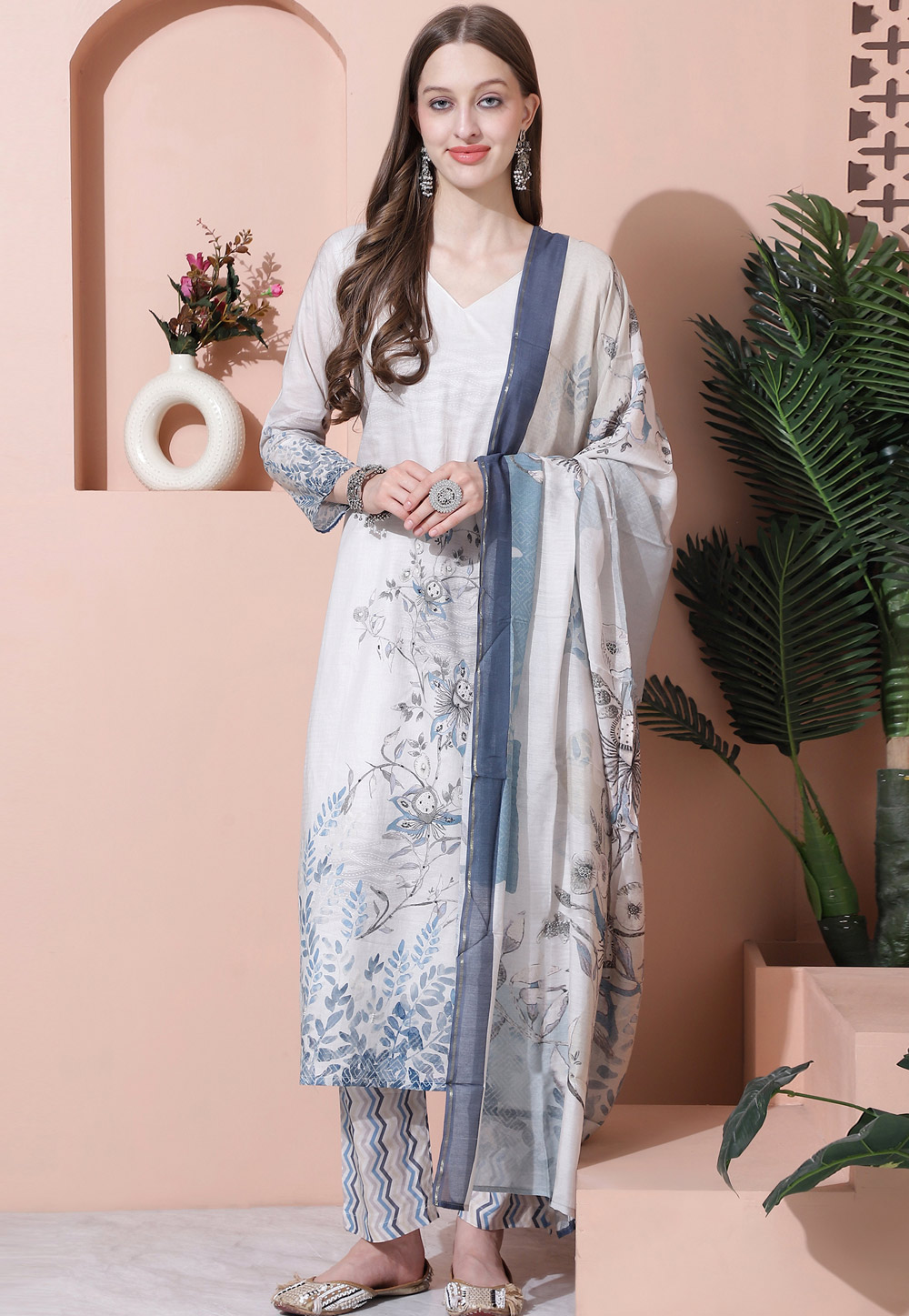 White Cotton Pakistani Suit 310073