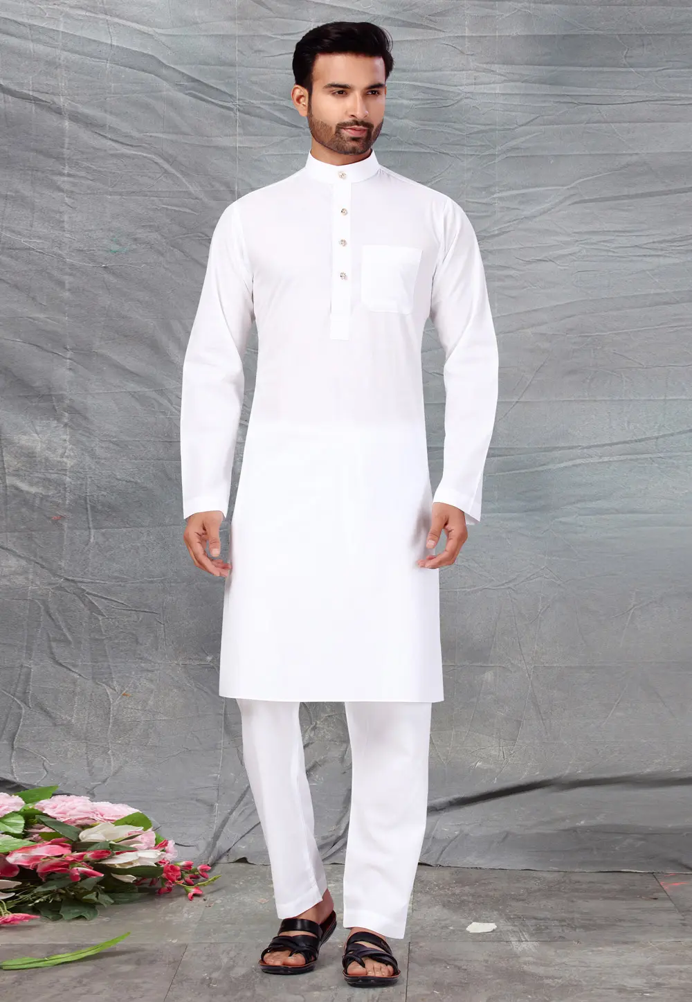 White Cotton Pathani Suit 300214