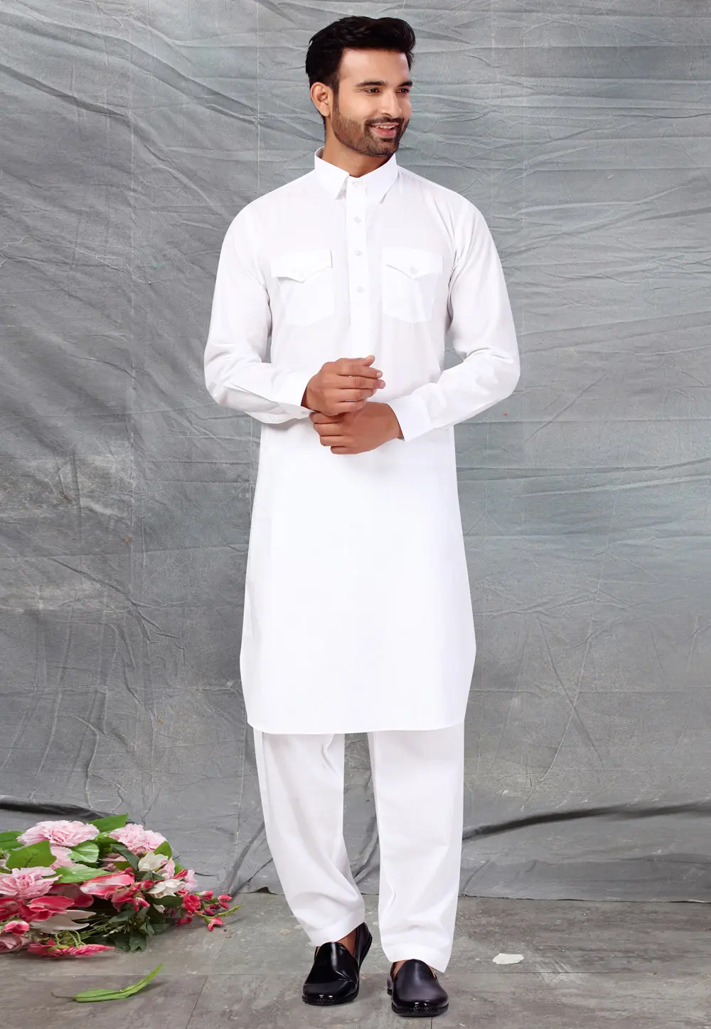 White Cotton Pathani Suit 300221