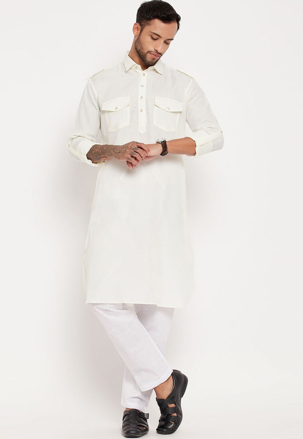 White Cotton Pathani Suit 309752