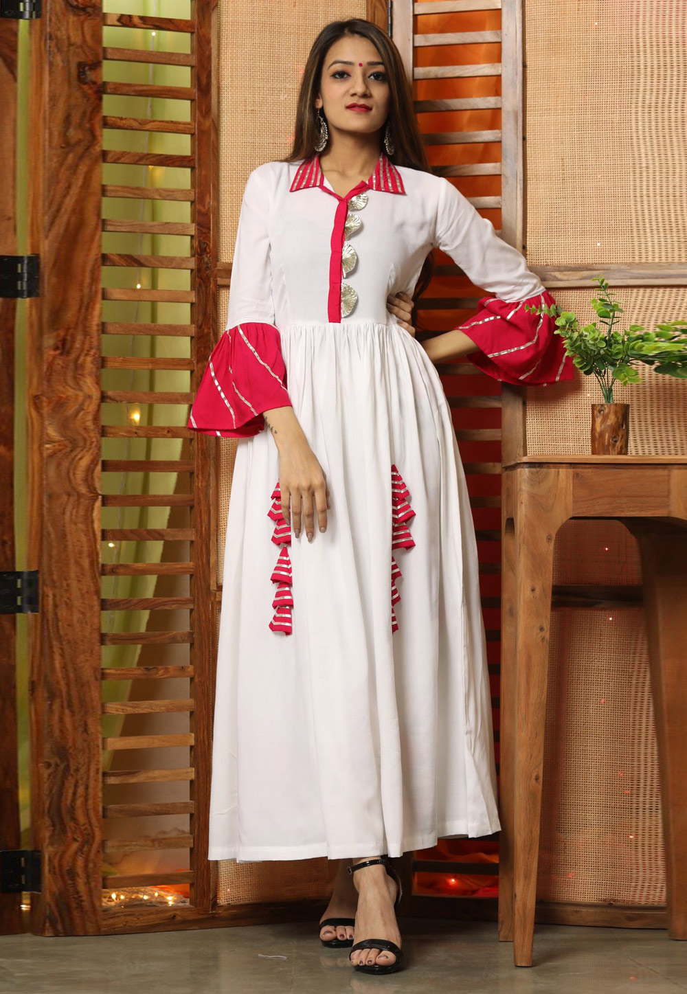 White Cotton Rayon Readymade Anarkali Suit 310313