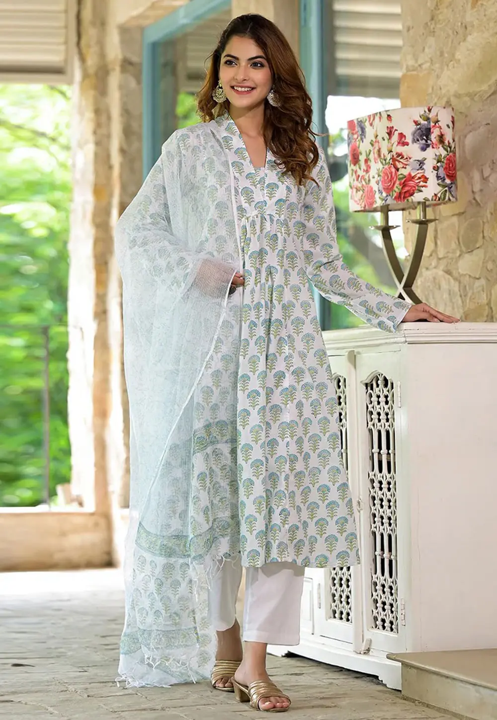 White Cotton Readymade Pant Style Suit 304458