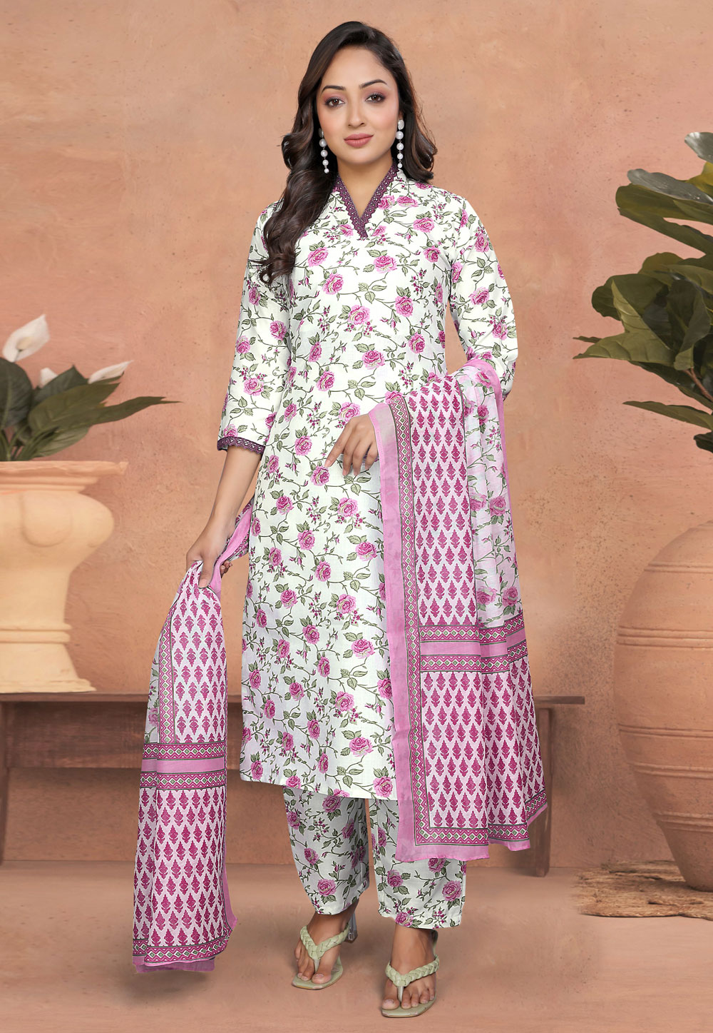 White Cotton Readymade Pant Style Suit 305113