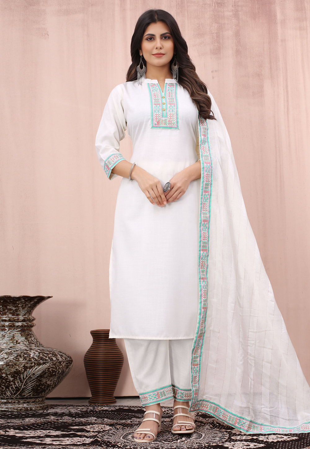 White Cotton Readymade Pant Style Suit 283183