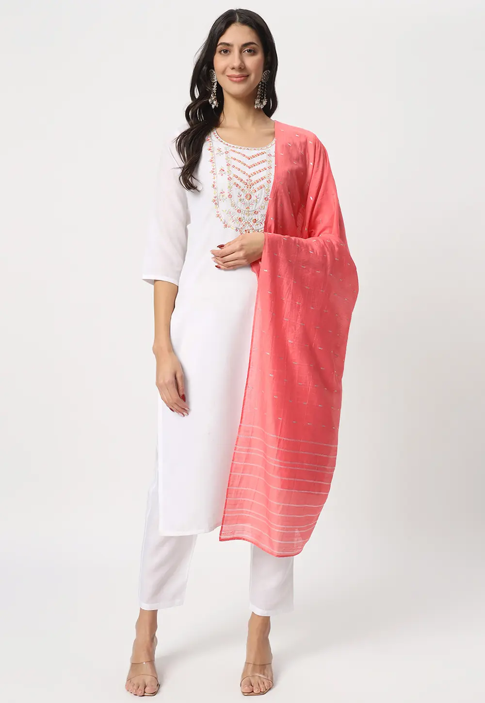 White Cotton Readymade Pant Style Suit 299726