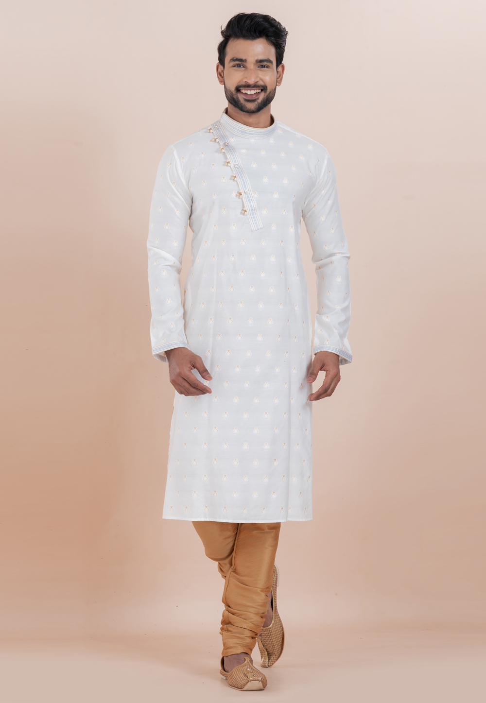 White Cotton Silk Kurta Pajama 306015