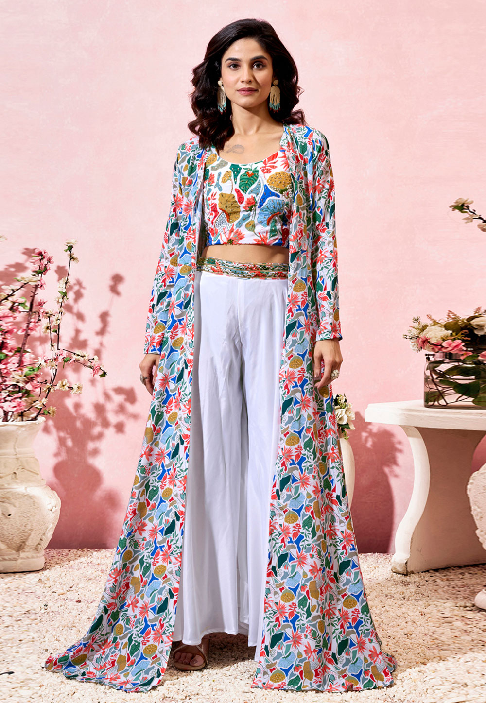 White Crepe Palazzo With Crop Top 311228