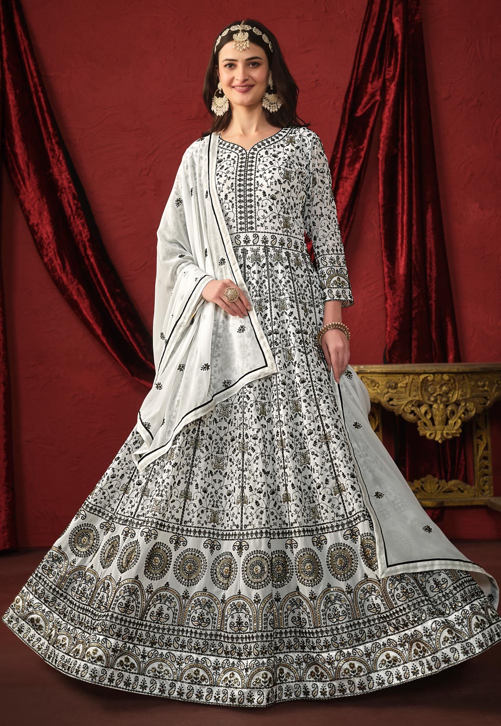 White Faux Georgette Embroidered Long Anarkali Suit 285664