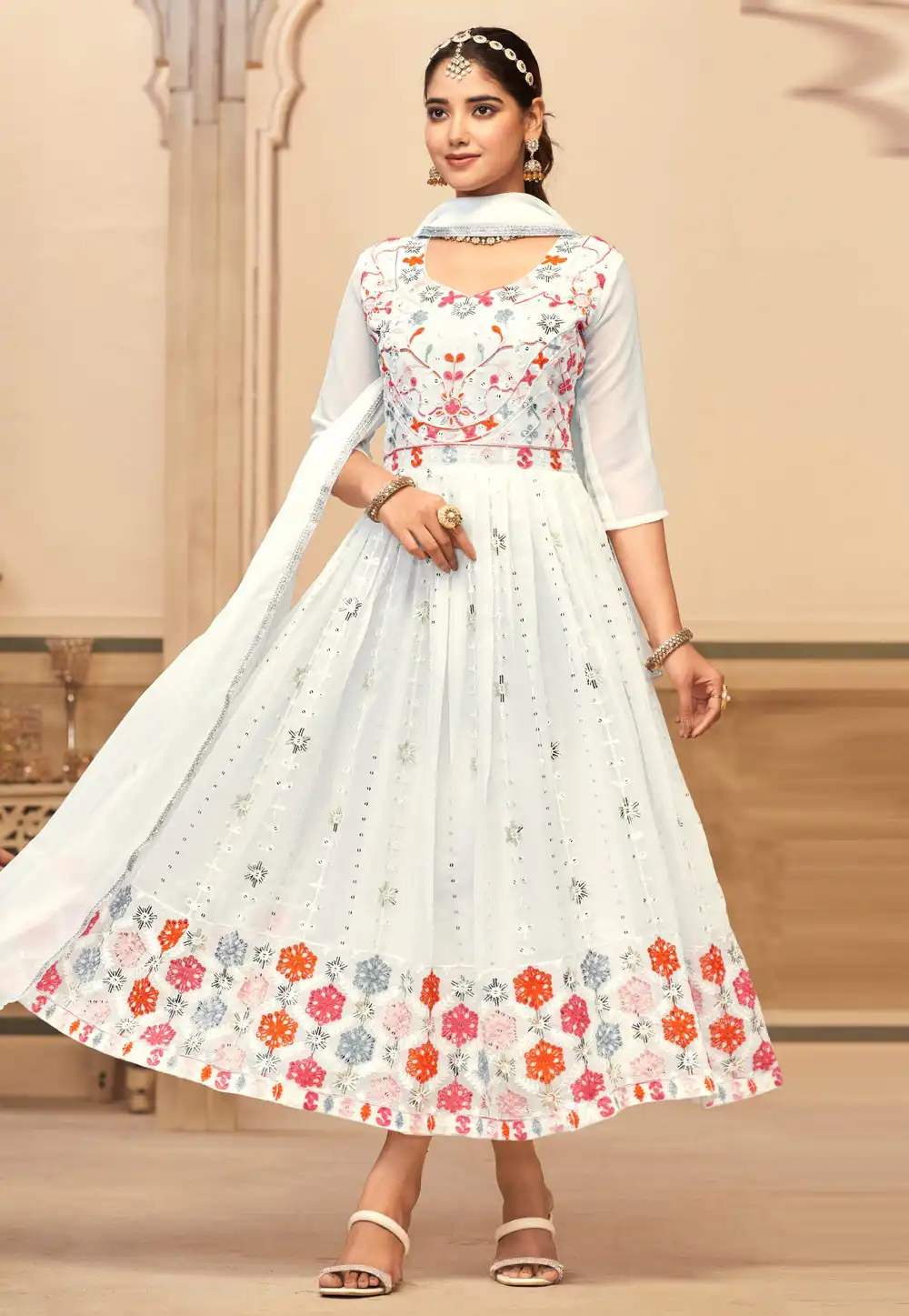 White Faux Georgette Readymade  Anarkali Suit 293136