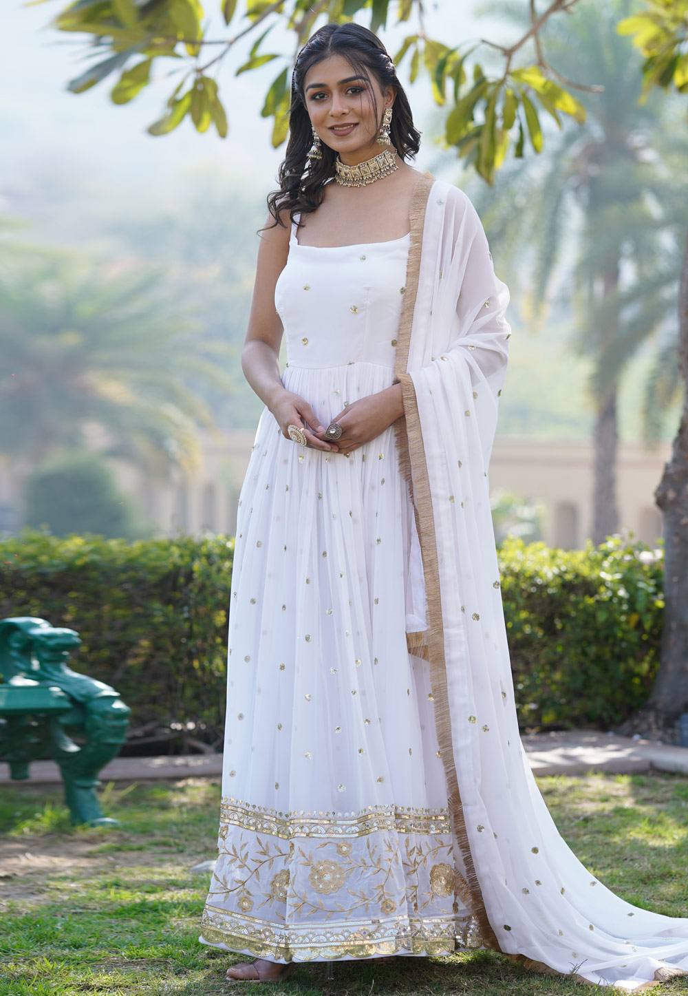 White Faux Georgette Readymade Anarkali Suit 285446
